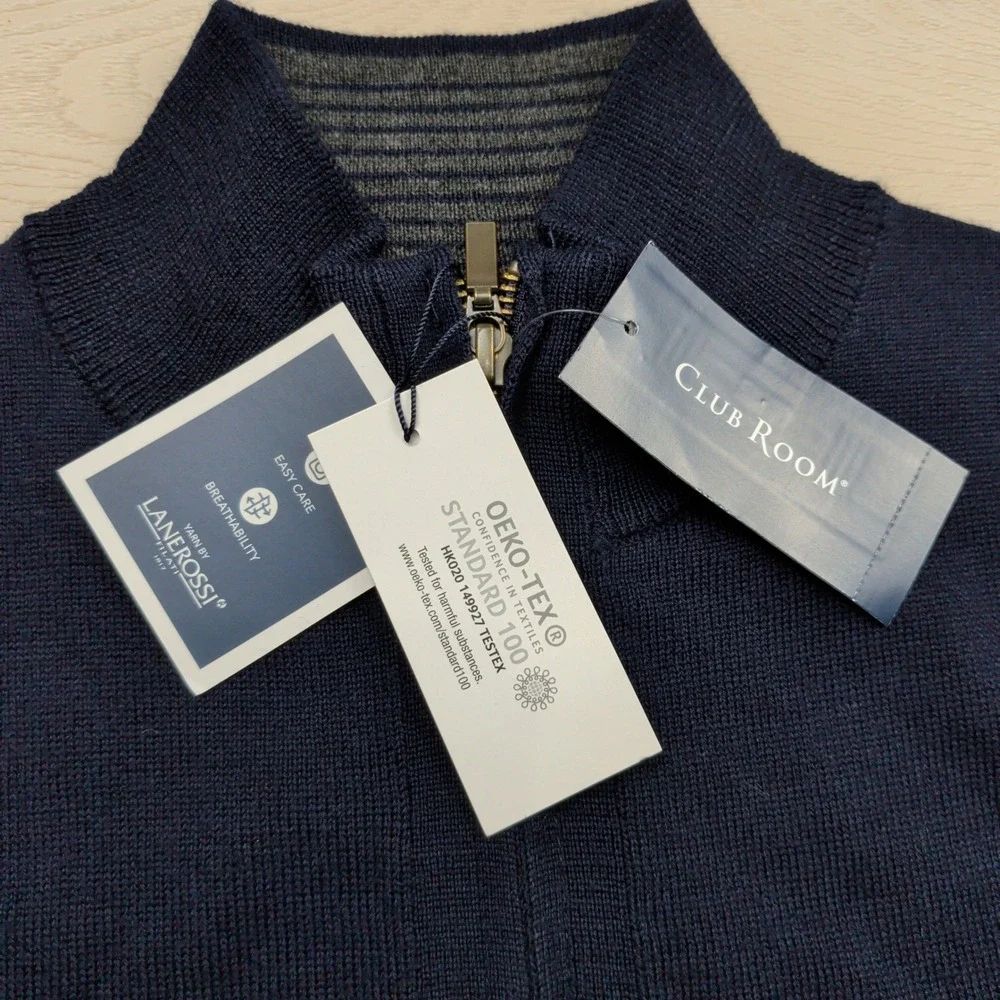 NEW Club Room Mens Navy Blue Merino Wool Blend Quarter Zip Sweater Small